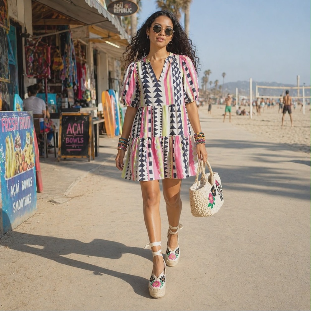 NWT MED Velvet by Graham & Spencer “Danica Neon” Jacquard Tiered Boho Mini Dress - Picture 4 of 10